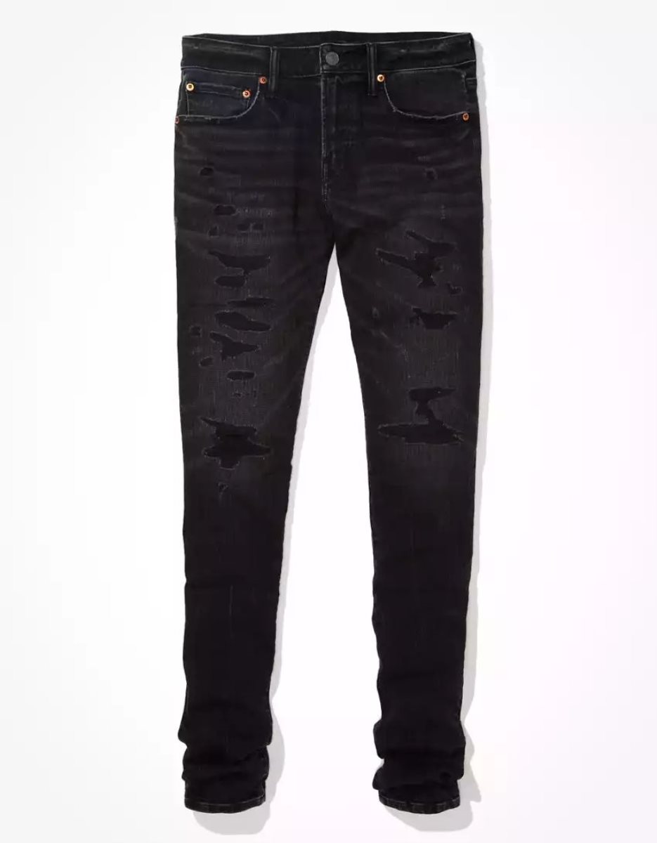 Jean American Eagle AE AirFlexPatched Stacked Mince Noir Homme | FTA-70284715